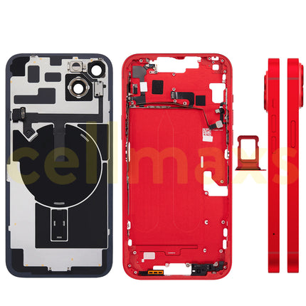 Cellmaxs For iPhone 14 Plus Back Housing Cover Frame Glass Replacement With Wireless Charging Power Volume Flex Camera Lens Button Keys Sim Card Tray