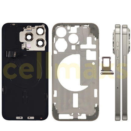 Cellmaxs For iPhone 15 Pro Max Back Housing Cover Frame Glass Replacement With Wireless Charging Power Volume Flex Camera Lens Button Keys Sim Card Tray