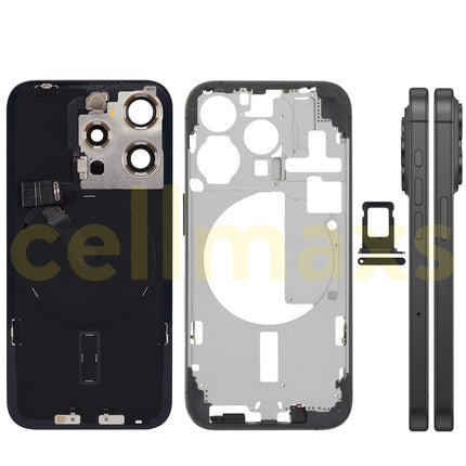 Cellmaxs For iPhone 15 Pro Back Housing Cover Frame Glass Replacement With Wireless Charging Power Volume Flex Camera Lens Button Keys Sim Card Tray