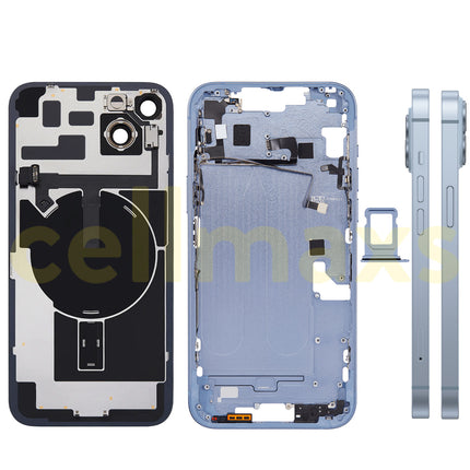 Cellmaxs For iPhone 14 Plus Back Housing Cover Frame Glass Replacement With Wireless Charging Power Volume Flex Camera Lens Button Keys Sim Card Tray