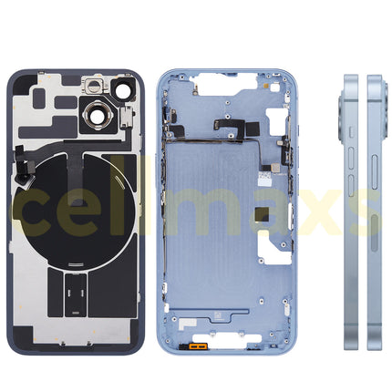 Cellmaxs For iPhone 14 Back Housing Cover Frame Glass Replacement With Wireless Charging Power Volume Flex Camera Lens Button Keys Sim Card Tray
