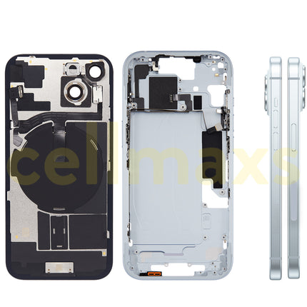 Cellmaxs For iPhone 15 Back Housing Cover Frame Glass Replacement With Wireless Charging Power Volume Flex Camera Lens Button Keys Sim Card Tray