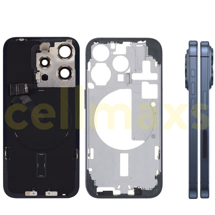Cellmaxs For iPhone 15 Pro Back Housing Cover Frame Glass Replacement With Wireless Charging Power Volume Flex Camera Lens Button Keys Sim Card Tray