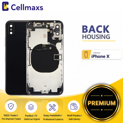 Cellmaxs For iPhone X Back Housing Cover Replacement With Wireless Charging Power Volume Flex Camera Lens Button Keys Sim Card Tray Free Tools