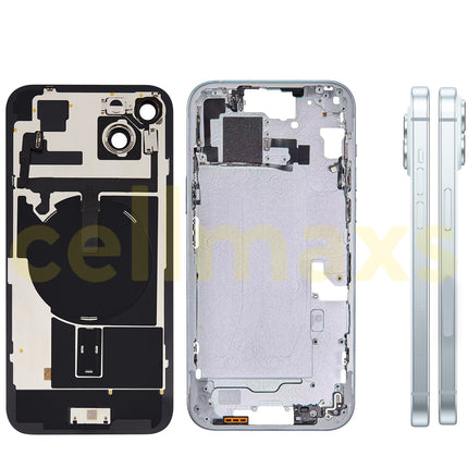 Cellmaxs For iPhone 15 Plus Back Housing Cover Frame Glass Replacement With Wireless Charging Power Volume Flex Camera Lens Button Keys Sim Card Tray
