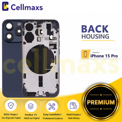 Cellmaxs For iPhone 15 Pro Back Housing Cover Frame Glass Replacement With Wireless Charging Power Volume Flex Camera Lens Button Keys Sim Card Tray