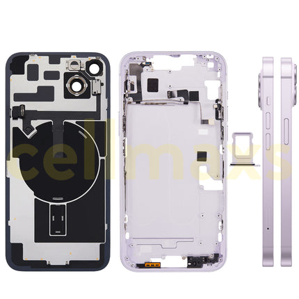 Cellmaxs For iPhone 14 Plus Back Housing Cover Frame Glass Replacement With Wireless Charging Power Volume Flex Camera Lens Button Keys Sim Card Tray