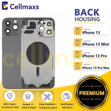 Cellmaxs For iPhone 13 Mini Pro Max Back Housing Cover Replacement With Power Volume Button Keys Camera Lens Sim Card Tray Free Tools