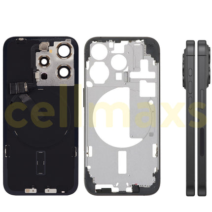 Cellmaxs For iPhone 15 Pro Back Housing Cover Frame Glass Replacement With Wireless Charging Power Volume Flex Camera Lens Button Keys Sim Card Tray