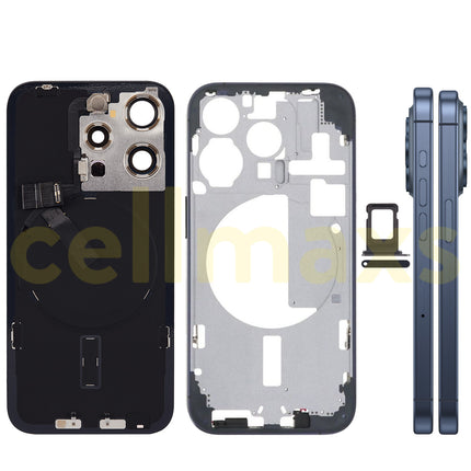 Cellmaxs For iPhone 15 Pro Back Housing Cover Frame Glass Replacement With Wireless Charging Power Volume Flex Camera Lens Button Keys Sim Card Tray