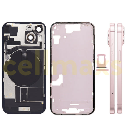 Cellmaxs For iPhone 15 Back Housing Cover Frame Glass Replacement With Wireless Charging Power Volume Flex Camera Lens Button Keys Sim Card Tray
