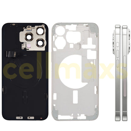 Cellmaxs For iPhone 15 Pro Max Back Housing Cover Frame Glass Replacement With Wireless Charging Power Volume Flex Camera Lens Button Keys Sim Card Tray