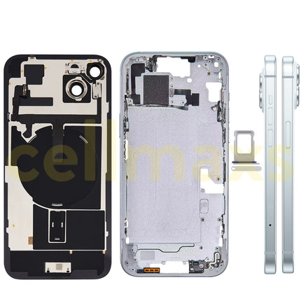 Cellmaxs For iPhone 15 Plus Back Housing Cover Frame Glass Replacement With Wireless Charging Power Volume Flex Camera Lens Button Keys Sim Card Tray