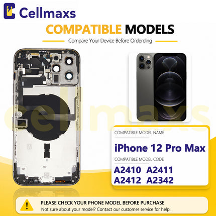 Cellmaxs For iPhone 12 Mini Pro Max Back Housing Cover Replacement With Wireless Charging Power Volume Flex Camera Lens Button Keys Sim Card Tray Free Tools