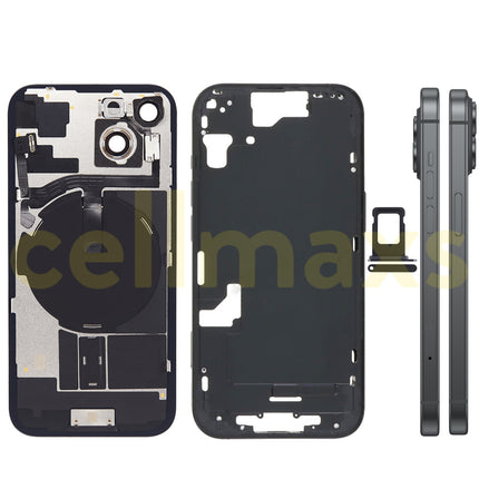 Cellmaxs For iPhone 15 Back Housing Cover Frame Glass Replacement With Wireless Charging Power Volume Flex Camera Lens Button Keys Sim Card Tray