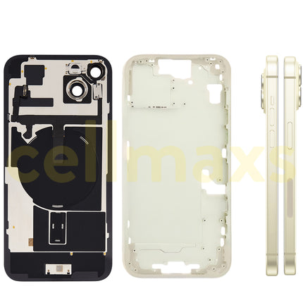 Cellmaxs For iPhone 15 Plus Back Housing Cover Frame Glass Replacement With Wireless Charging Power Volume Flex Camera Lens Button Keys Sim Card Tray