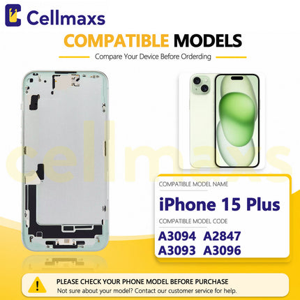 Cellmaxs For iPhone 15 Plus Back Housing Cover Frame Glass Replacement With Wireless Charging Power Volume Flex Camera Lens Button Keys Sim Card Tray