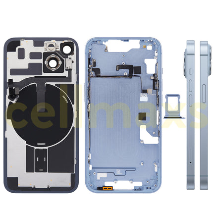 Cellmaxs For iPhone 14 Back Housing Cover Frame Glass Replacement With Wireless Charging Power Volume Flex Camera Lens Button Keys Sim Card Tray