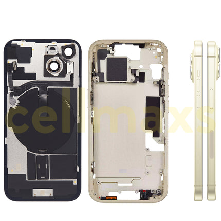 Cellmaxs For iPhone 15 Back Housing Cover Frame Glass Replacement With Wireless Charging Power Volume Flex Camera Lens Button Keys Sim Card Tray