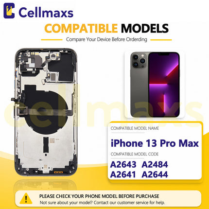 Cellmaxs For iPhone 13 Pro Max Back Housing Cover Replacement With Wireless Charging Power Volume Flex Camera Lens Button Keys Sim Card Tray Free Tools