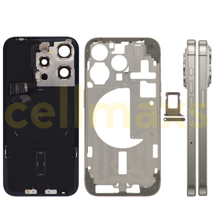Cellmaxs For iPhone 15 Pro Back Housing Cover Frame Glass Replacement With Wireless Charging Power Volume Flex Camera Lens Button Keys Sim Card Tray