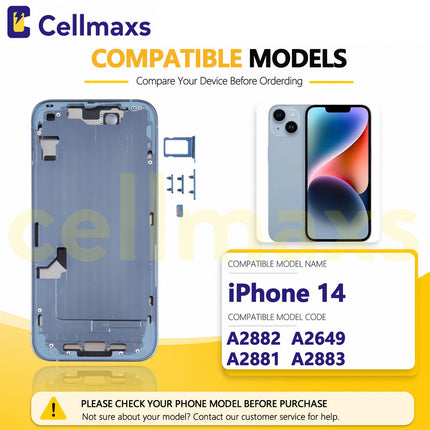Cellmaxs For iPhone 14 Back Housing Cover Frame Glass Replacement With Wireless Charging Power Volume Flex Camera Lens Button Keys Sim Card Tray