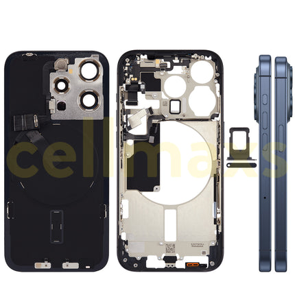 Cellmaxs For iPhone 15 Pro Back Housing Cover Frame Glass Replacement With Wireless Charging Power Volume Flex Camera Lens Button Keys Sim Card Tray