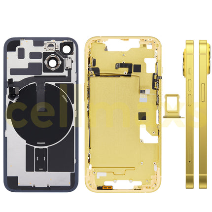 Cellmaxs For iPhone 14 Back Housing Cover Frame Glass Replacement With Wireless Charging Power Volume Flex Camera Lens Button Keys Sim Card Tray