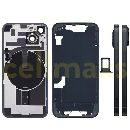 Cellmaxs For iPhone 14 Back Housing Cover Frame Glass Replacement With Wireless Charging Power Volume Flex Camera Lens Button Keys Sim Card Tray
