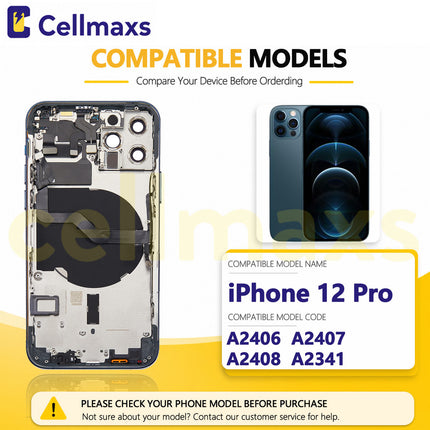 Cellmaxs For iPhone 12 Pro Back Housing Cover Replacement With Wireless Charging Power Volume Flex Camera Lens Button Keys Sim Card Tray Free Tools
