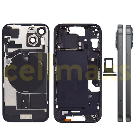 Cellmaxs For iPhone 15 Back Housing Cover Frame Glass Replacement With Wireless Charging Power Volume Flex Camera Lens Button Keys Sim Card Tray