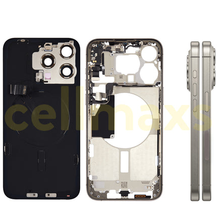 Cellmaxs For iPhone 15 Pro Max Back Housing Cover Frame Glass Replacement With Wireless Charging Power Volume Flex Camera Lens Button Keys Sim Card Tray