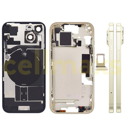 Cellmaxs For iPhone 15 Back Housing Cover Frame Glass Replacement With Wireless Charging Power Volume Flex Camera Lens Button Keys Sim Card Tray