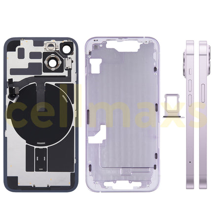 Cellmaxs For iPhone 14 Back Housing Cover Frame Glass Replacement With Wireless Charging Power Volume Flex Camera Lens Button Keys Sim Card Tray