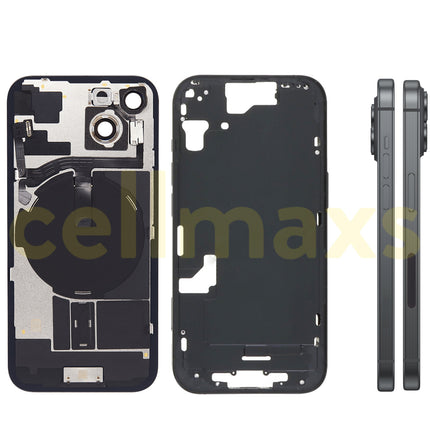 Cellmaxs For iPhone 15 Back Housing Cover Frame Glass Replacement With Wireless Charging Power Volume Flex Camera Lens Button Keys Sim Card Tray