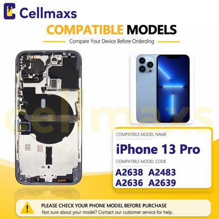 Cellmaxs For iPhone 13 Mini Pro Max Back Housing Cover Replacement With Wireless Charging Power Volume Flex Camera Lens Button Keys Sim Card Tray Free Tools