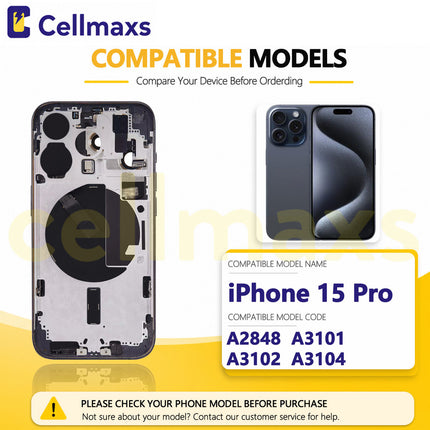 Cellmaxs For iPhone 15 Pro Back Housing Cover Frame Glass Replacement With Wireless Charging Power Volume Flex Camera Lens Button Keys Sim Card Tray