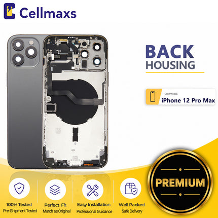 Cellmaxs For iPhone 12 Pro Max Back Housing Cover Replacement With Wireless Charging Power Volume Flex Camera Lens Button Keys Sim Card Tray Free Tools