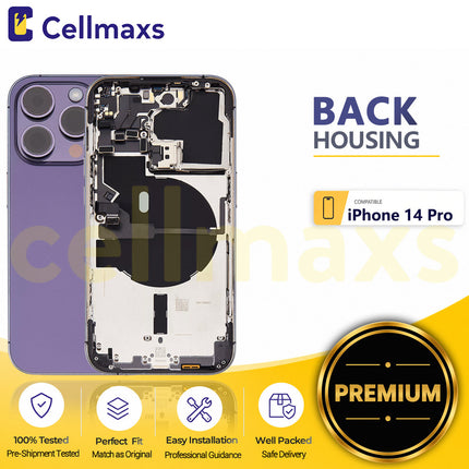 Cellmaxs For iPhone 14 Pro Back Housing Cover Replacement With Wireless Charging Power Volume Flex Camera Lens Button Keys Sim Card Tray Free Tools