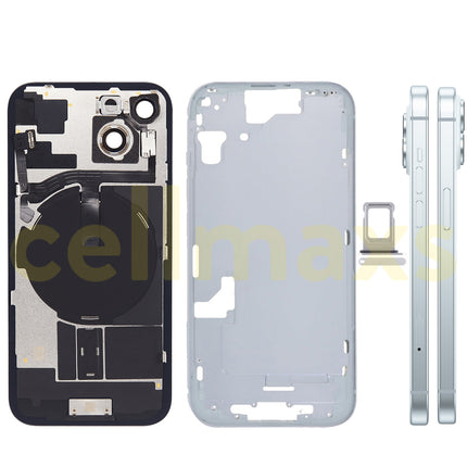Cellmaxs For iPhone 15 Back Housing Cover Frame Glass Replacement With Wireless Charging Power Volume Flex Camera Lens Button Keys Sim Card Tray