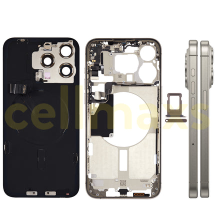 Cellmaxs For iPhone 15 Pro Max Back Housing Cover Frame Glass Replacement With Wireless Charging Power Volume Flex Camera Lens Button Keys Sim Card Tray
