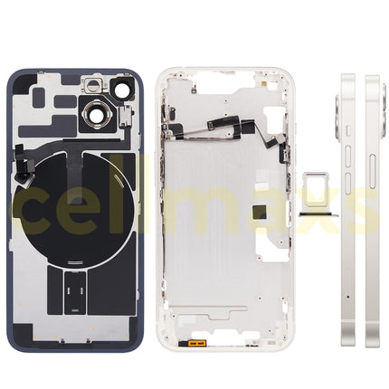 Cellmaxs For iPhone 14 Back Housing Cover Frame Glass Replacement With Wireless Charging Power Volume Flex Camera Lens Button Keys Sim Card Tray