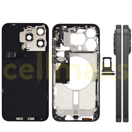 Cellmaxs For iPhone 15 Pro Max Back Housing Cover Frame Glass Replacement With Wireless Charging Power Volume Flex Camera Lens Button Keys Sim Card Tray