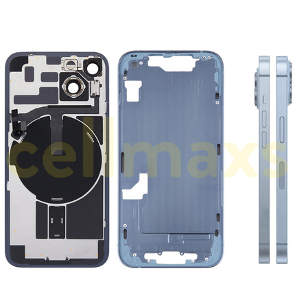 Cellmaxs For iPhone 14 Back Housing Cover Frame Glass Replacement With Wireless Charging Power Volume Flex Camera Lens Button Keys Sim Card Tray