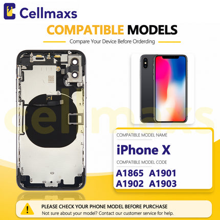 Cellmaxs For iPhone X XR XS Max Back Housing Cover Replacement With Wireless Charging Power Volume Flex Camera Lens Button Keys Sim Card Tray Free Tools