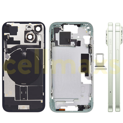 Cellmaxs For iPhone 15 Back Housing Cover Frame Glass Replacement With Wireless Charging Power Volume Flex Camera Lens Button Keys Sim Card Tray