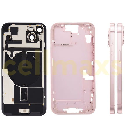 Cellmaxs For iPhone 15 Plus Back Housing Cover Frame Glass Replacement With Wireless Charging Power Volume Flex Camera Lens Button Keys Sim Card Tray