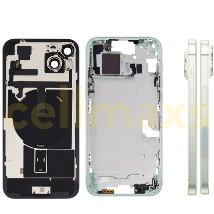 Cellmaxs For iPhone 15 Plus Back Housing Cover Frame Glass Replacement With Wireless Charging Power Volume Flex Camera Lens Button Keys Sim Card Tray