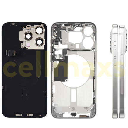 Cellmaxs For iPhone 15 Pro Max Back Housing Cover Frame Glass Replacement With Wireless Charging Power Volume Flex Camera Lens Button Keys Sim Card Tray