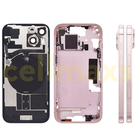 Cellmaxs For iPhone 15 Back Housing Cover Frame Glass Replacement With Wireless Charging Power Volume Flex Camera Lens Button Keys Sim Card Tray